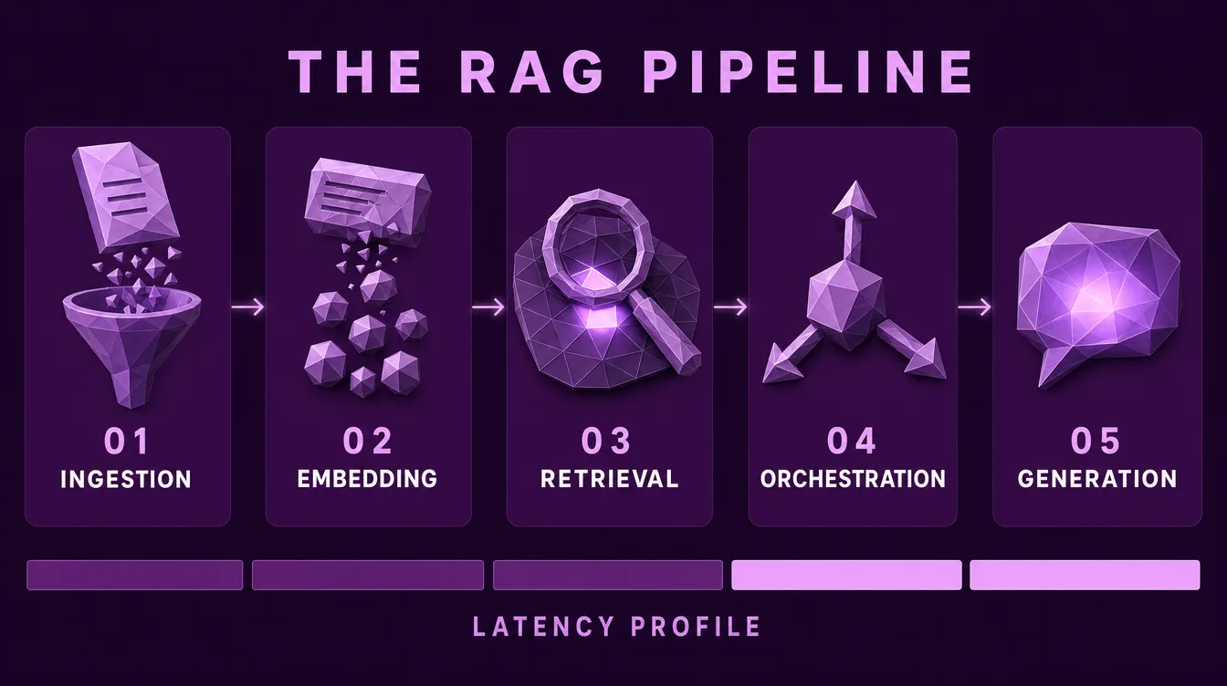 RAG pipeline: ingestion, embedding, retrieval, orchestration, generation